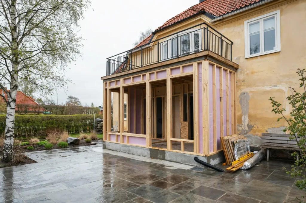 planera k ksutbyggnad under balkong i villa